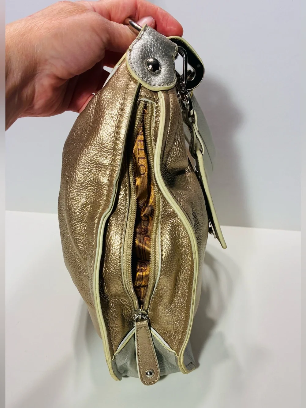 Tignanello Metallic Leather Shoulder Hobo Bag Gold Silver 14x11
